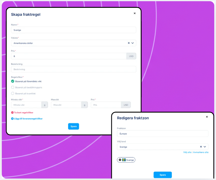Shipping configuration interface in systeme.io showing creation of shipping rules based on conditions and setup of shipping zones with selected countries.