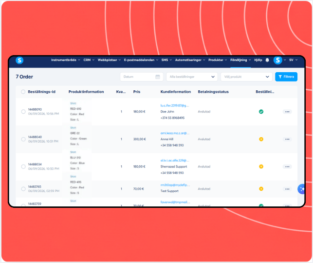 Orders management dashboard in systeme.io displaying order list with product details, customer information, payment status, and fulfillment tracking.