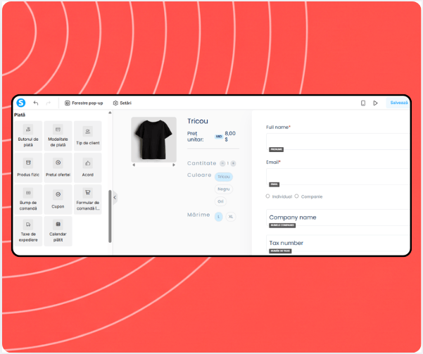 Checkout page editor in systeme.io showing payment elements, product details, coupon field, and billing information form.