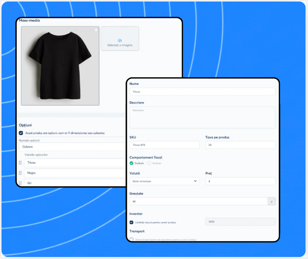 Product creation and configuration panel in systeme.io showing media upload, product options, pricing, inventory, and shipping settings.