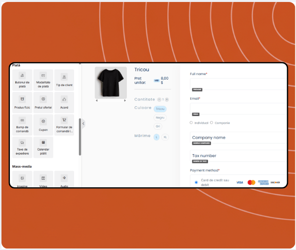 Checkout page builder in systeme.io displaying product selection, coupon field, payment options, and drag-and-drop payment elements panel.
