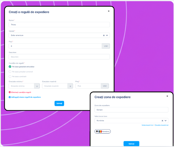 Shipping configuration interface in systeme.io showing creation of shipping rules based on conditions and setup of shipping zones with selected countries.