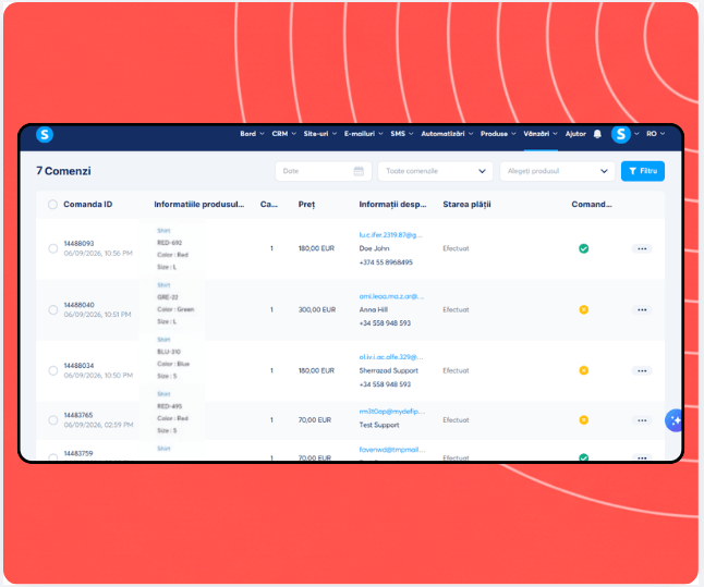 Orders management dashboard in systeme.io displaying order list with product details, customer information, payment status, and fulfillment tracking.