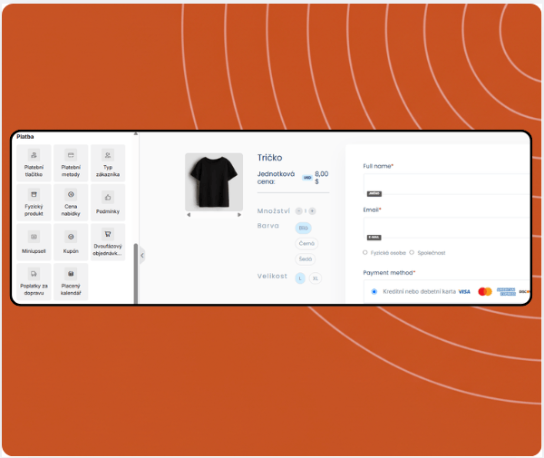 Checkout page builder in systeme.io displaying product selection, coupon field, payment options, and drag-and-drop payment elements panel.