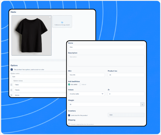 Product creation and configuration panel in systeme.io showing media upload, product options, pricing, inventory, and shipping settings.