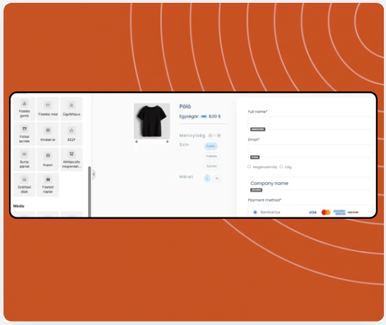 Checkout page builder in systeme.io displaying product selection, coupon field, payment options, and drag-and-drop payment elements panel.