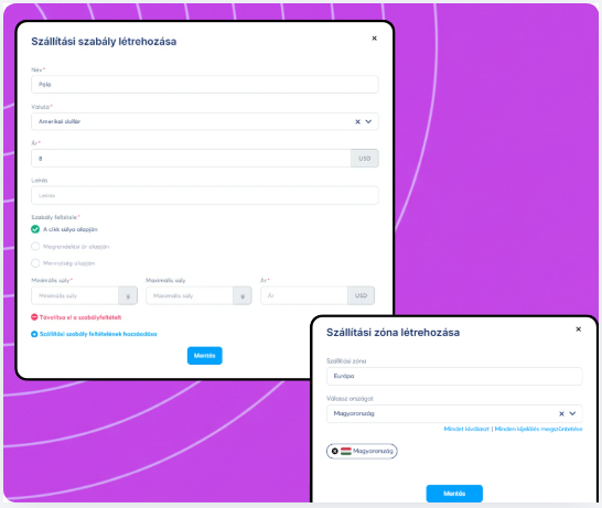Shipping configuration interface in systeme.io showing creation of shipping rules based on conditions and setup of shipping zones with selected countries.