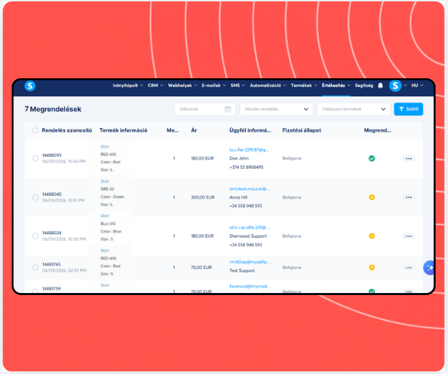 Orders management dashboard in systeme.io displaying order list with product details, customer information, payment status, and fulfillment tracking.