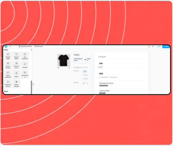 Checkout page editor in systeme.io showing payment elements, product details, coupon field, and billing information form.