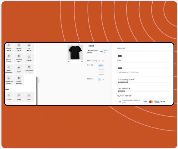 Checkout page builder in systeme.io displaying product selection, coupon field, payment options, and drag-and-drop payment elements panel.
