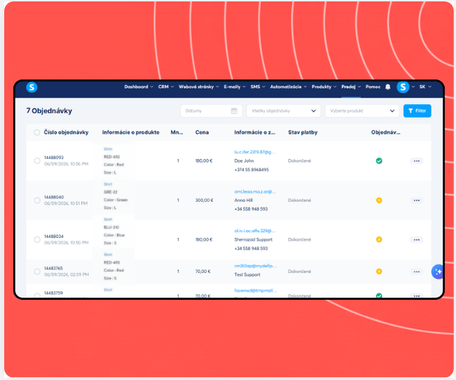 Orders management dashboard in systeme.io displaying order list with product details, customer information, payment status, and fulfillment tracking.
