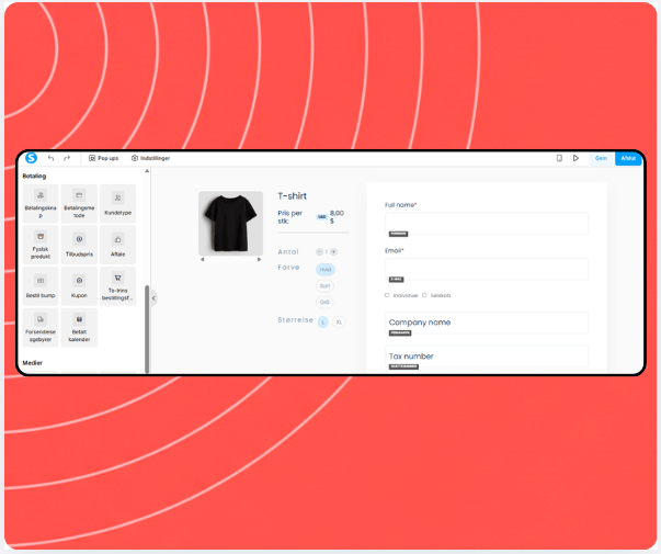 Checkout page editor in systeme.io showing payment elements, product details, coupon field, and billing information form.