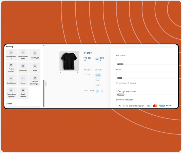 Checkout page builder in systeme.io displaying product selection, coupon field, payment options, and drag-and-drop payment elements panel.