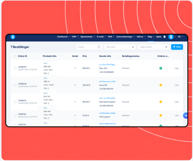 Orders management dashboard in systeme.io displaying order list with product details, customer information, payment status, and fulfillment tracking.