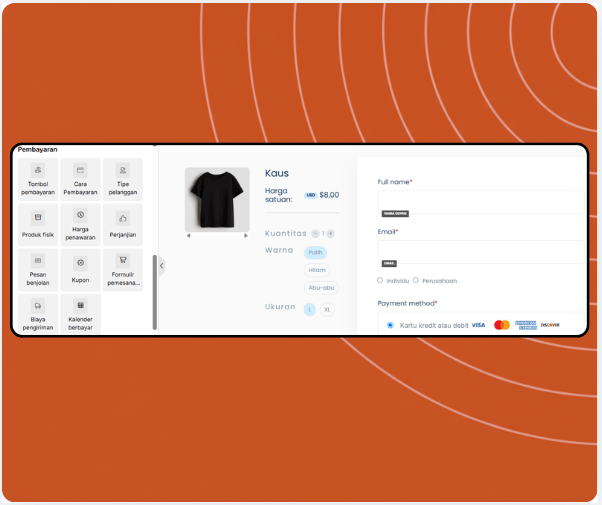Checkout page builder in systeme.io displaying product selection, coupon field, payment options, and drag-and-drop payment elements panel.