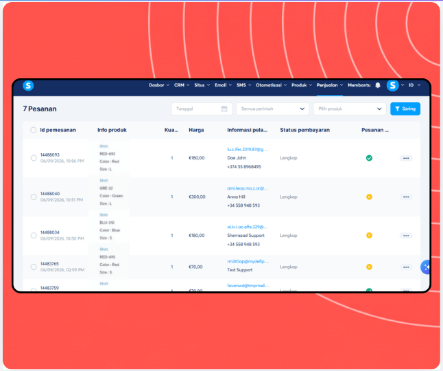 Orders management dashboard in systeme.io displaying order list with product details, customer information, payment status, and fulfillment tracking.