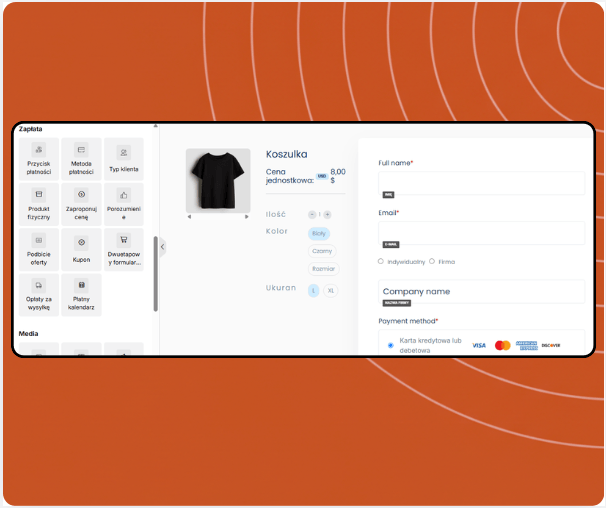 Checkout page builder in systeme.io displaying product selection, coupon field, payment options, and drag-and-drop payment elements panel.