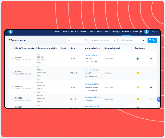 Orders management dashboard in systeme.io displaying order list with product details, customer information, payment status, and fulfillment tracking.