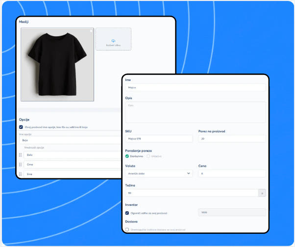 Product creation and configuration panel in systeme.io showing media upload, product options, pricing, inventory, and shipping settings.