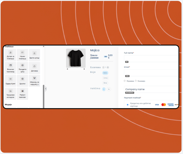 Checkout page builder in systeme.io displaying product selection, coupon field, payment options, and drag-and-drop payment elements panel.