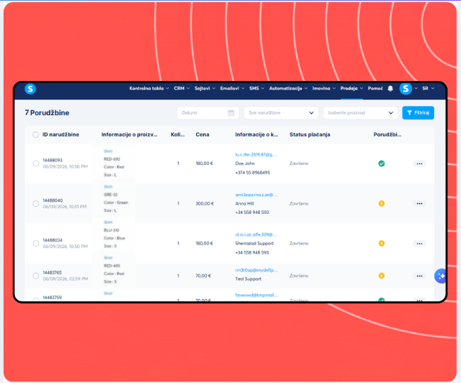 Orders management dashboard in systeme.io displaying order list with product details, customer information, payment status, and fulfillment tracking.