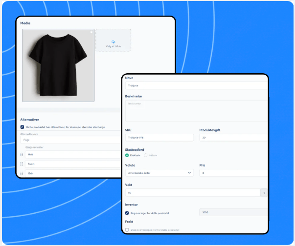 Product creation and configuration panel in systeme.io showing media upload, product options, pricing, inventory, and shipping settings.
