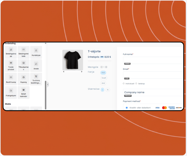 Checkout page builder in systeme.io displaying product selection, coupon field, payment options, and drag-and-drop payment elements panel.