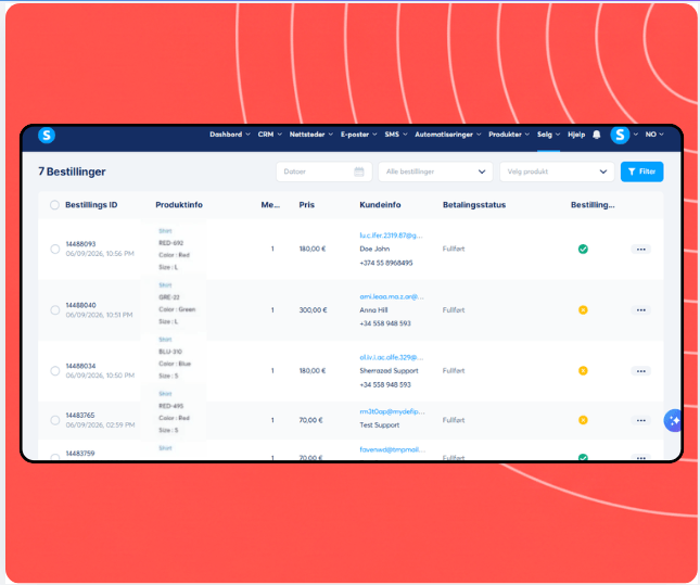 Orders management dashboard in systeme.io displaying order list with product details, customer information, payment status, and fulfillment tracking.