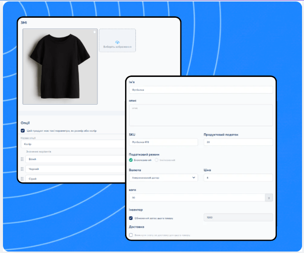 Product creation and configuration panel in systeme.io showing media upload, product options, pricing, inventory, and shipping settings.