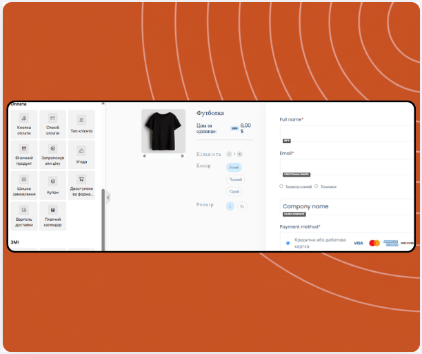 Checkout page builder in systeme.io displaying product selection, coupon field, payment options, and drag-and-drop payment elements panel.