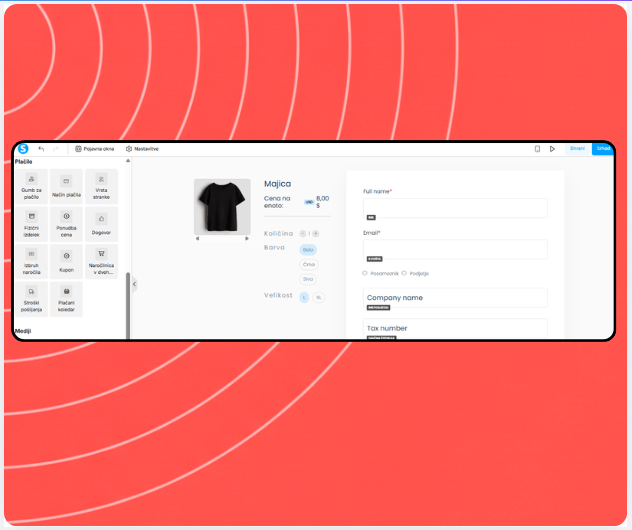 Checkout page editor in systeme.io showing payment elements, product details, coupon field, and billing information form.