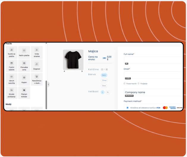 Checkout page builder in systeme.io displaying product selection, coupon field, payment options, and drag-and-drop payment elements panel.