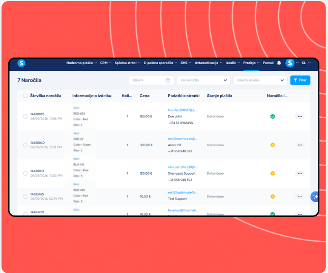 Orders management dashboard in systeme.io displaying order list with product details, customer information, payment status, and fulfillment tracking.