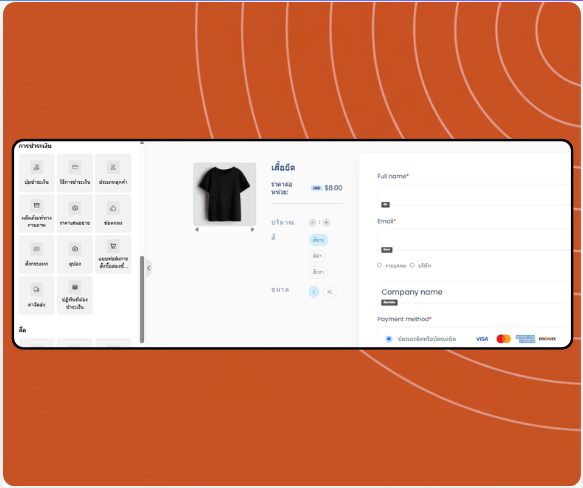 Checkout page builder in systeme.io displaying product selection, coupon field, payment options, and drag-and-drop payment elements panel.