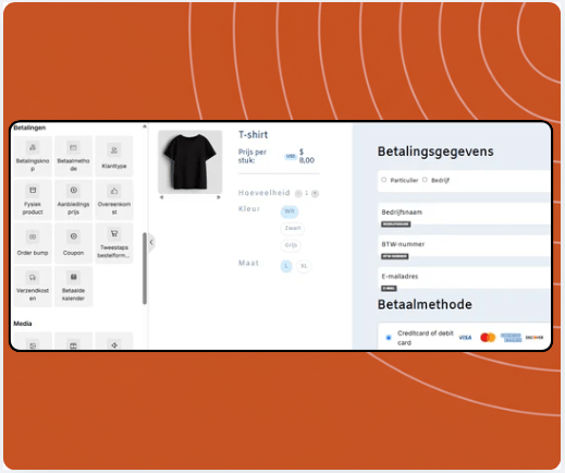 Checkout page builder in systeme.io displaying product selection, coupon field, payment options, and drag-and-drop payment elements panel.