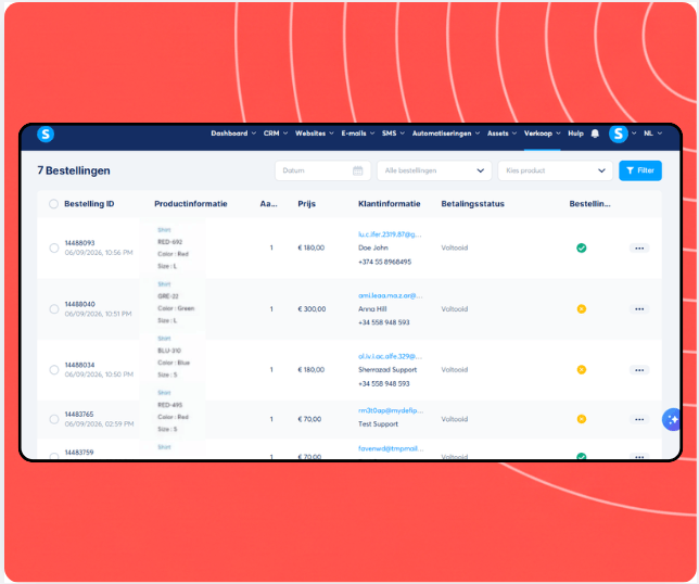 Orders management dashboard in systeme.io displaying order list with product details, customer information, payment status, and fulfillment tracking.