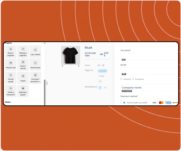 Checkout page builder in systeme.io displaying product selection, coupon field, payment options, and drag-and-drop payment elements panel.