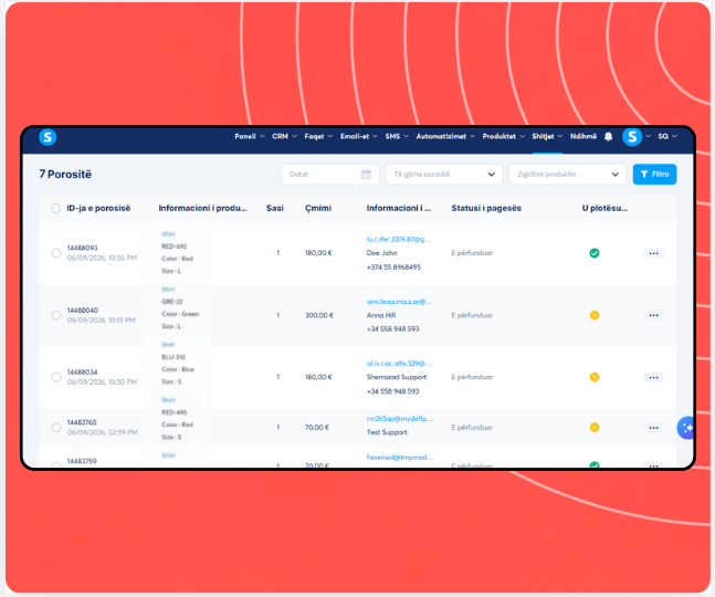 Orders management dashboard in systeme.io displaying order list with product details, customer information, payment status, and fulfillment tracking.
