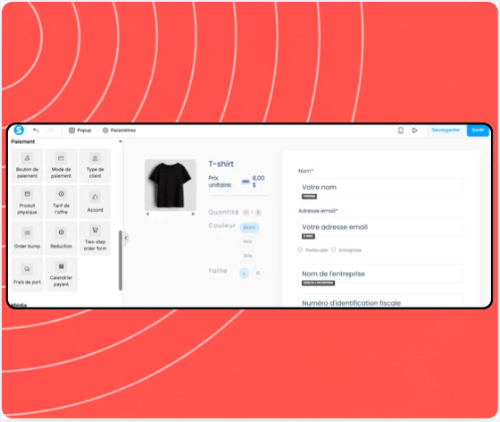 Checkout page editor in systeme.io showing payment elements, product details, coupon field, and billing information form.