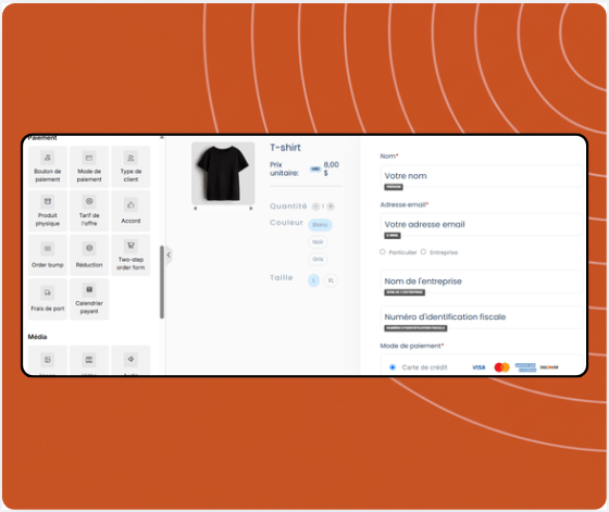 Checkout page builder in systeme.io displaying product selection, coupon field, payment options, and drag-and-drop payment elements panel.