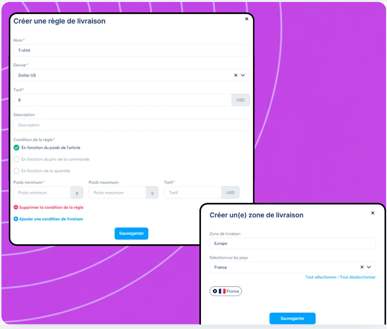 Shipping configuration interface in systeme.io showing creation of shipping rules based on conditions and setup of shipping zones with selected countries.