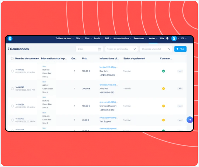 Orders management dashboard in systeme.io displaying order list with product details, customer information, payment status, and fulfillment tracking.