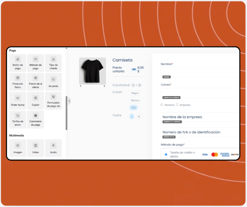 Checkout page builder in systeme.io displaying product selection, coupon field, payment options, and drag-and-drop payment elements panel.