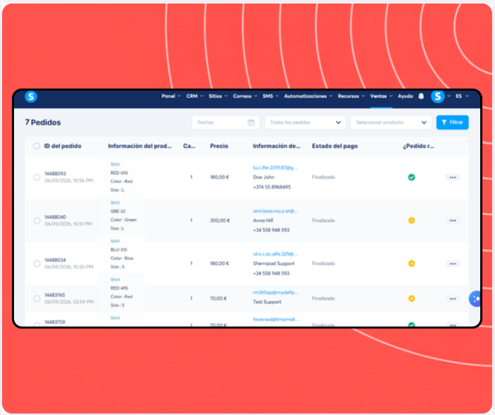 Orders management dashboard in systeme.io displaying order list with product details, customer information, payment status, and fulfillment tracking.