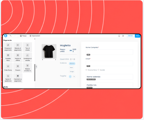 Checkout page editor in systeme.io showing payment elements, product details, coupon field, and billing information form.