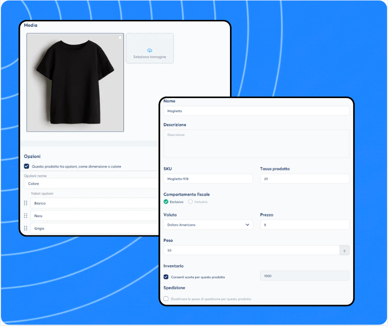 Product creation and configuration panel in systeme.io showing media upload, product options, pricing, inventory, and shipping settings.