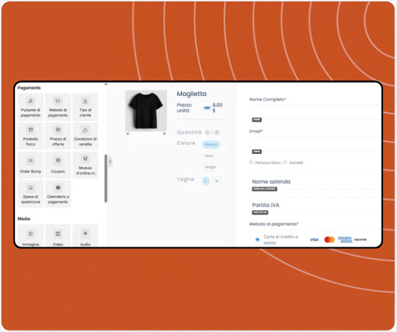 Checkout page builder in systeme.io displaying product selection, coupon field, payment options, and drag-and-drop payment elements panel.