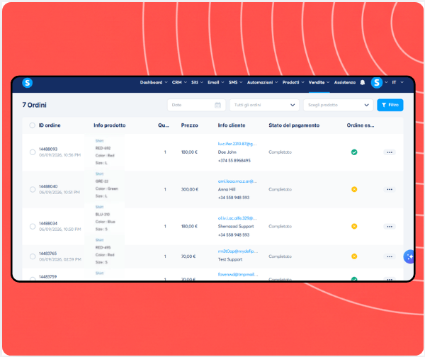 Orders management dashboard in systeme.io displaying order list with product details, customer information, payment status, and fulfillment tracking.