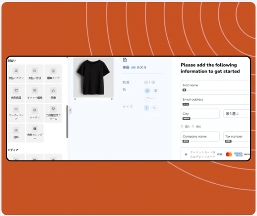 Checkout page builder in systeme.io displaying product selection, coupon field, payment options, and drag-and-drop payment elements panel.
