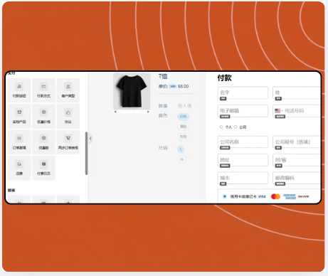 Checkout page builder in systeme.io displaying product selection, coupon field, payment options, and drag-and-drop payment elements panel.